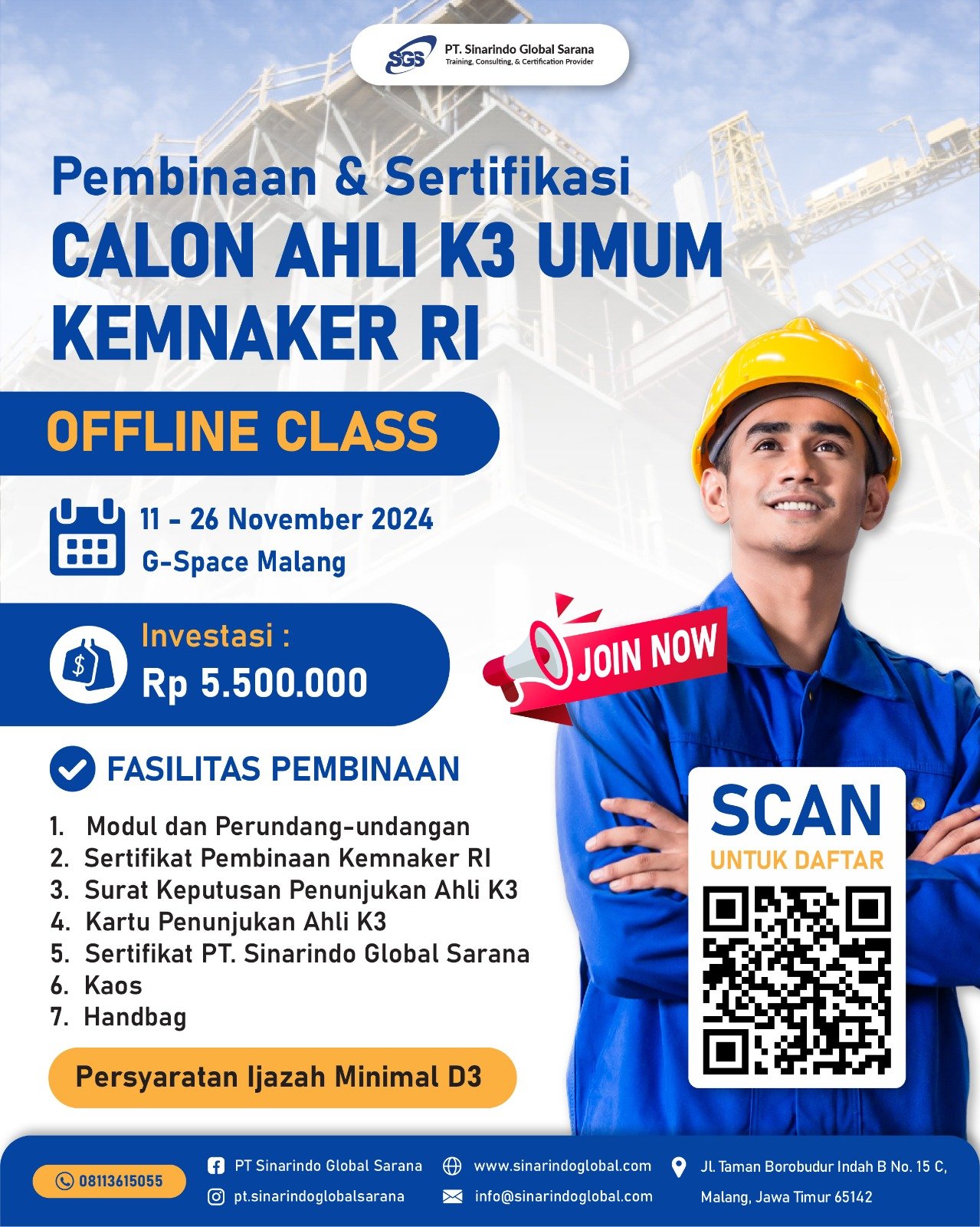 Pembinaan & Sertifikasi Calon Ahli K3 Umum (Offline) 11 November - 26 November 2024