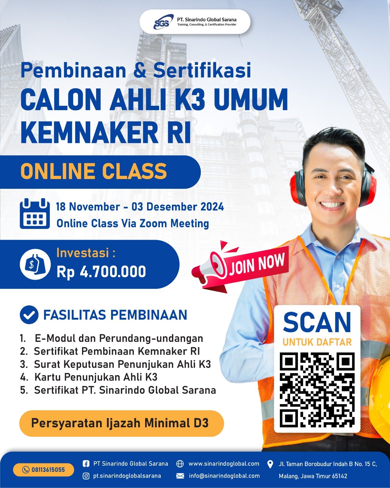 Pembinaan & Sertifikasi Calon Ahli K3 Umum (Online) 18 November - 3 Desember 2024